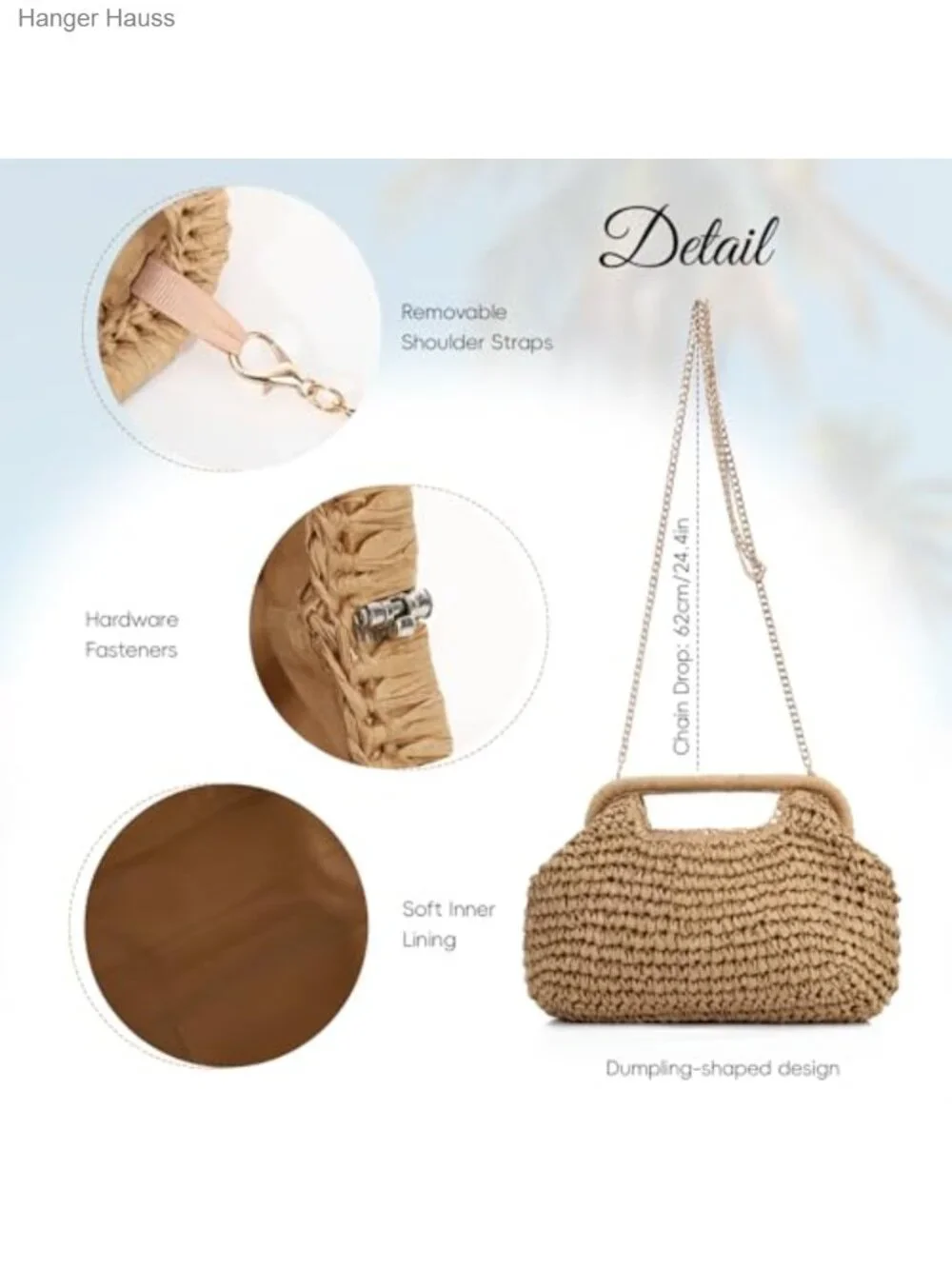 Woven Straw Dumpling Clutch Purse Handbag with Chain Strap Summer Beach Bag